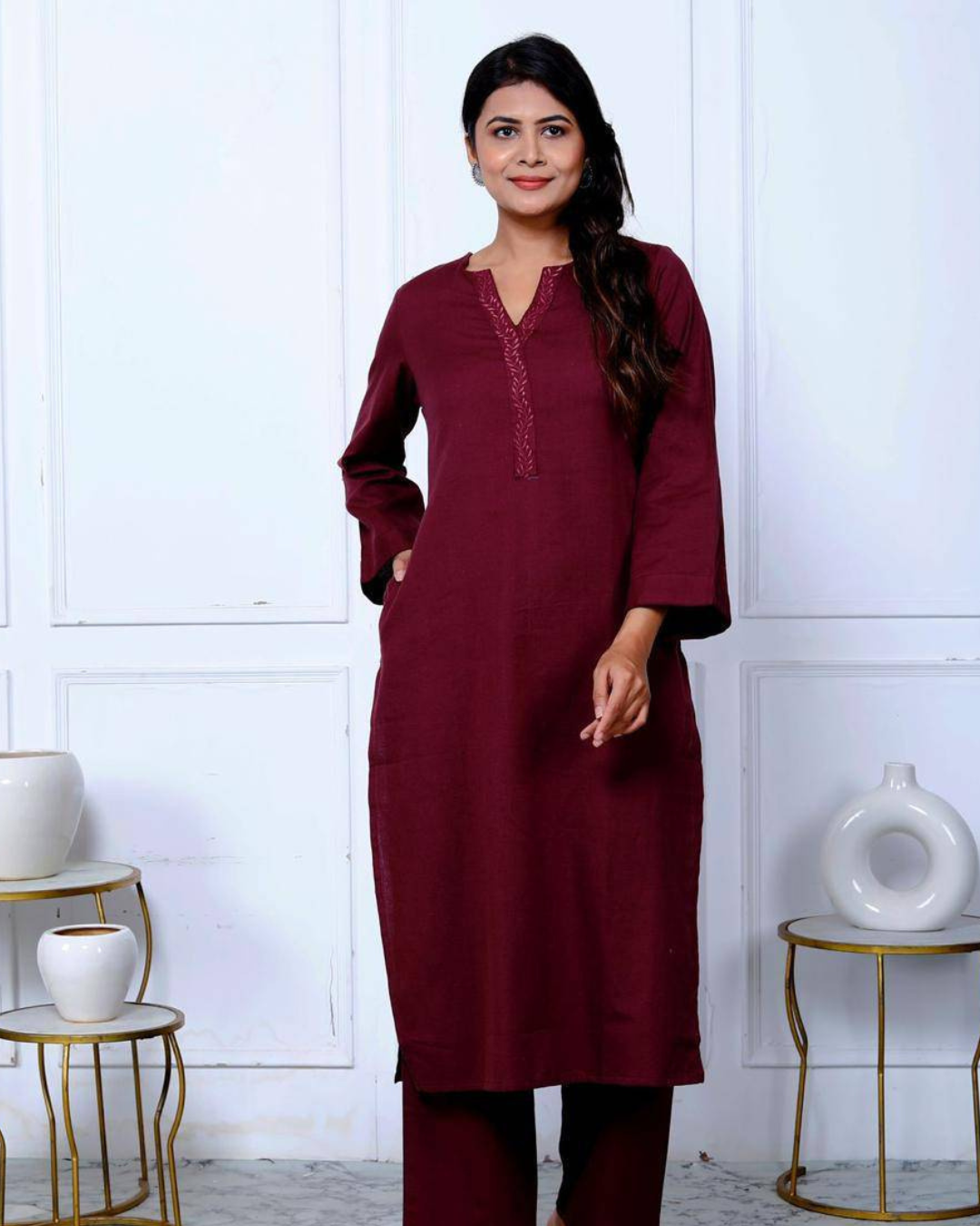 Maroon Cotton Embroidered Kurta Set with Double Pockets, featuring a relaxed fit.