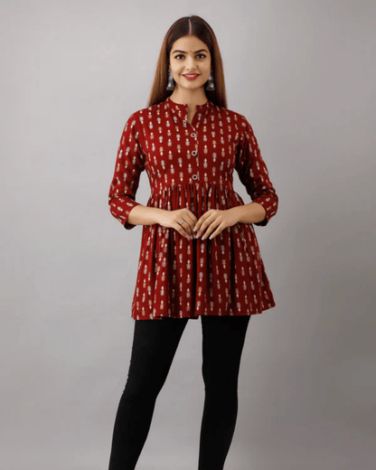 Breathable rayon tunic top with a stylish collar neck, ideal for pairing with jeans, palazzos, or leggings.
