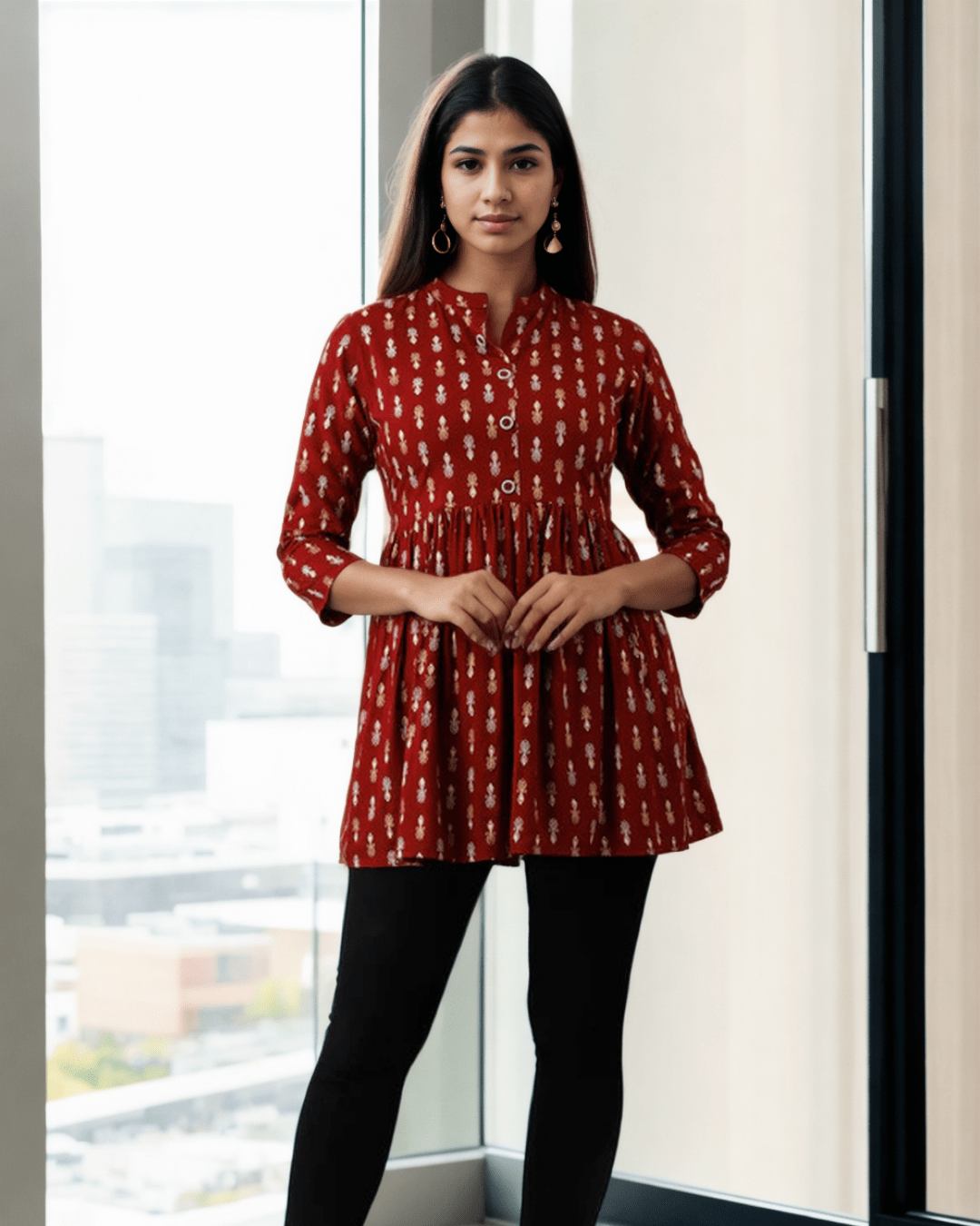 Modern casual tunic top with a trendy print, perfect for Indian women looking for versatile daily wear