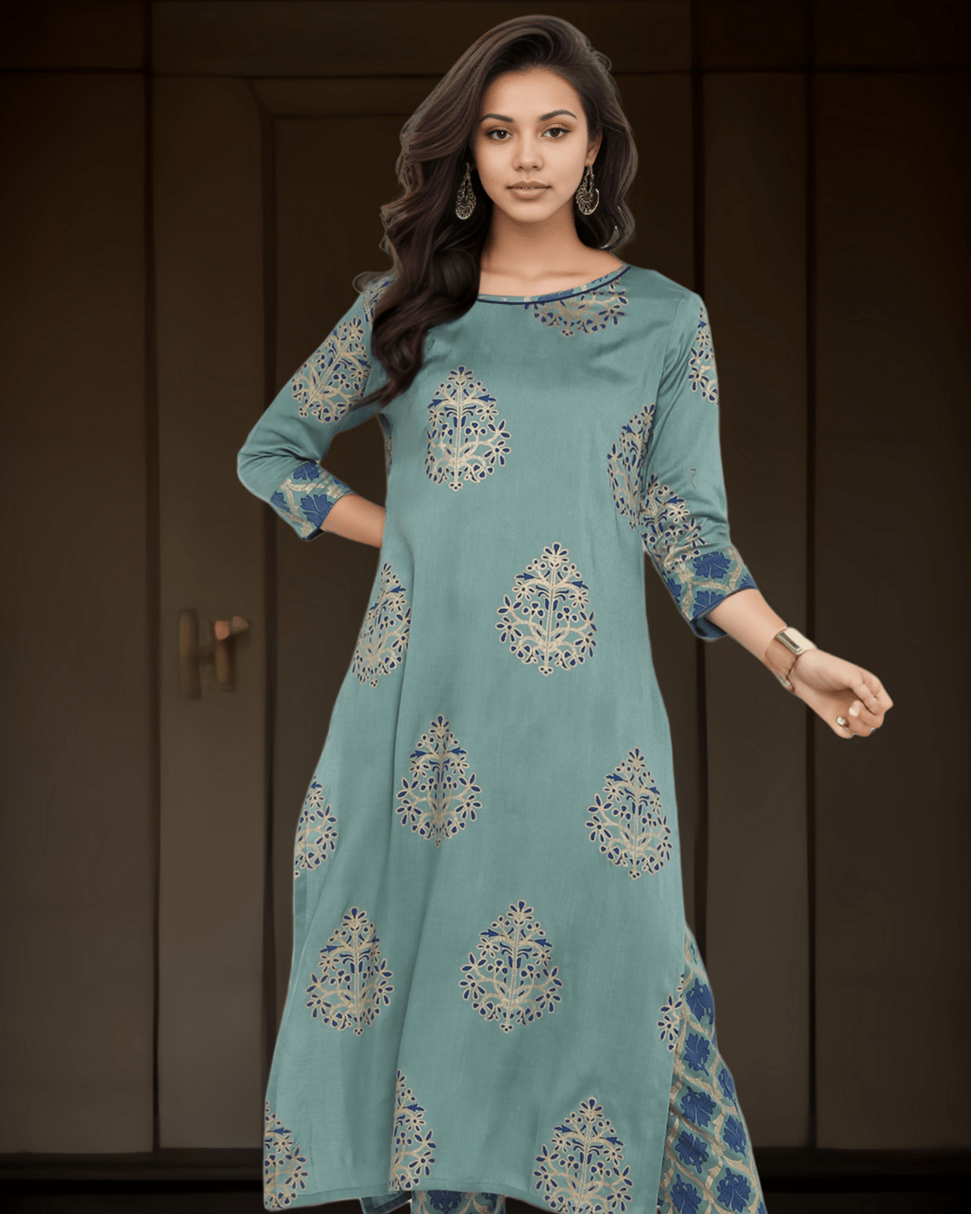 Lightweight rayon kurta pant set in soothing turquoise green, ideal for modern Indian women looking for stylish ethnic wear.