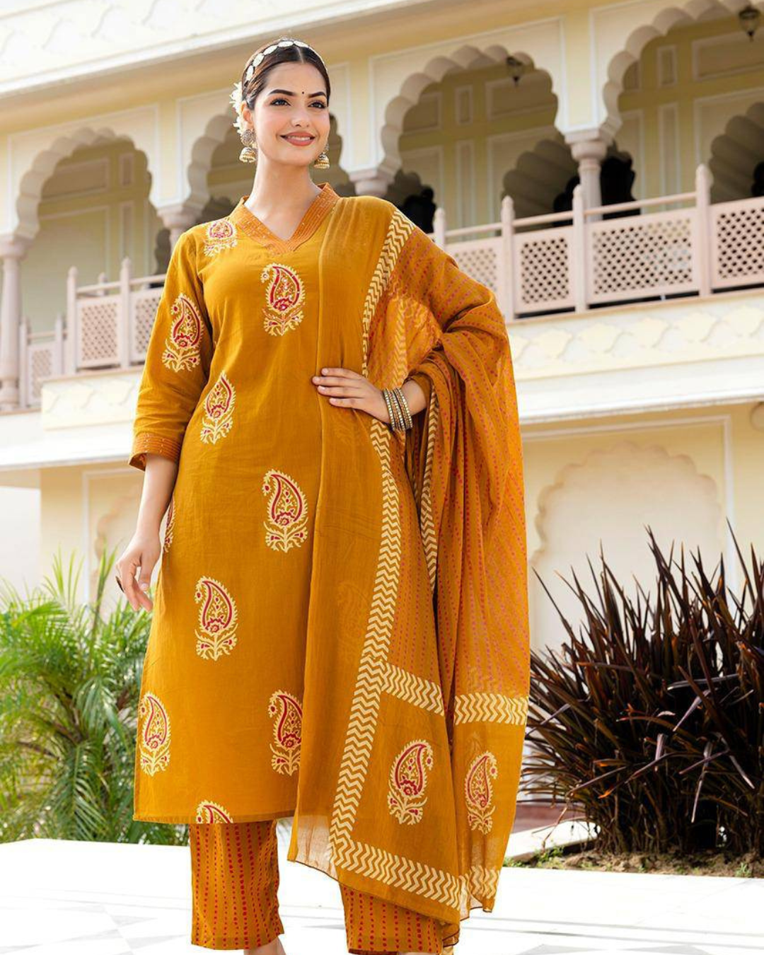 Mustard Cotton Handblock Print Kurta Set with Dupatta, featuring embroidery and a V-neckline
