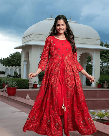 Partywear Anarkali kurta with a stylish jacket, three-quarter sleeves, and a comfortable flared fit, perfect for festive occasions.