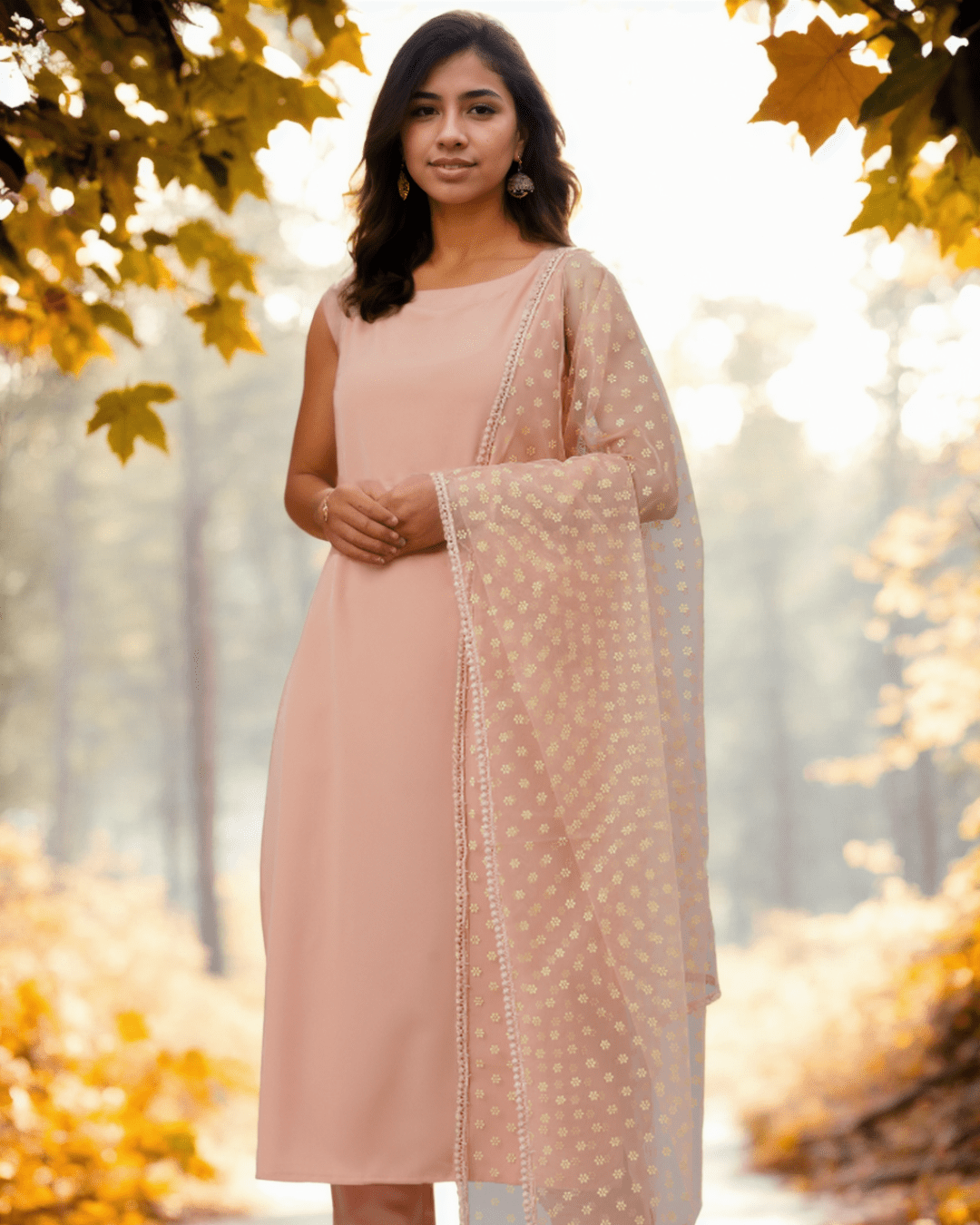 Peach Poly Crepe Solid Kurta Set with sleeveless straight kurta, matching trousers, and a delicate net dupatta