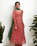 Pink Georgette Floral Printed Kurta Set for women, featuring a digital floral print kurta, palazzo, and chiffon dupatta.