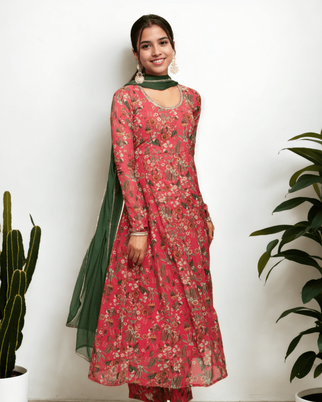 Pink Georgette Floral Printed Kurta Set for women, featuring a digital floral print kurta, palazzo, and chiffon dupatta.
