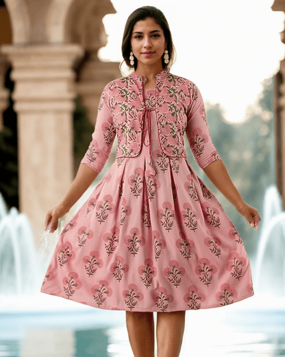 Breathable pink floral printed Anarkali Kurta Set with a long jacket, perfect for festive and casual wear
