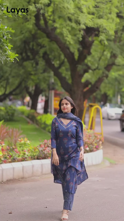 Indigo Blue Cotton Ethnic Motifs Kurta Set with Dupatta