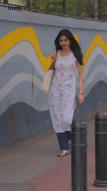 Green & Pink Sleeveless Chikankari Cotton Kurta with Pechni Hand Embroidery