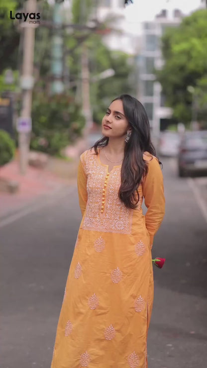 Orange Hand-Embroidered Chikankari Straight Kurta