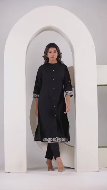 Black Chikankari Style Embroidered A-Line Kurta with Pant – Pure Cotton Set