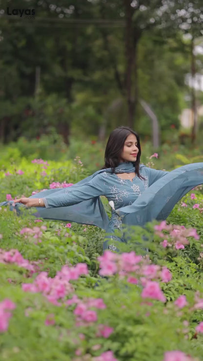 Greyish Blue Cotton Embroidered Kurta Set with Dupatta