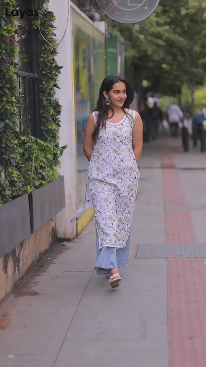 Olive Green & Mustard Sleeveless Chikankari Cotton Kurta with Pechni Hand Embroidery