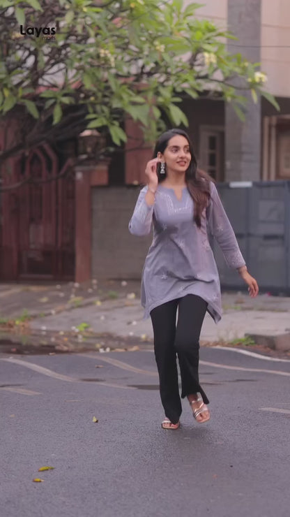 Grey Cotton Chikankari Top with White Embroidery