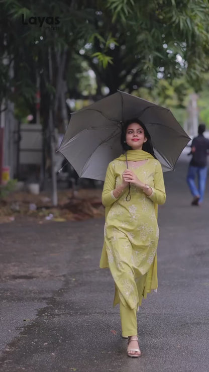 Mustard Yellow Cotton Embroidered Kurta Set with Dupatta