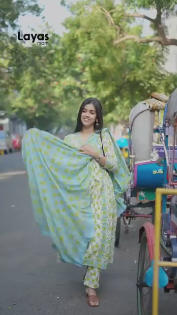 Ziya Lime Bloom Anarkali Cotton Set – by Layas Marts