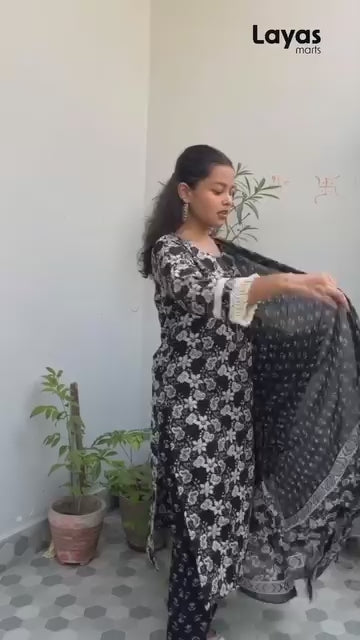 Amaira Black Floral Embroidered Cotton Kurta Set with Dupatta