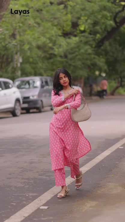 Pink Cotton Printed Kurta Set with Grey Motifs