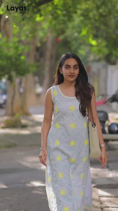 Aqua Green & Yellow Sleeveless Chikankari Cotton Kurta with Pechni Hand Embroidery