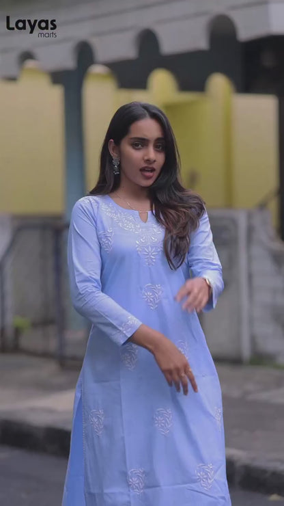 Blue Cotton Chikankari Kurta – Hand Embroidered