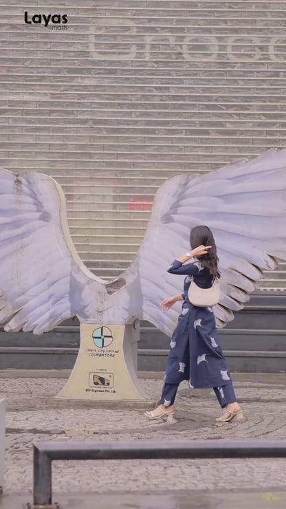 Elegant Navy blue Cotton Floral Print Kurta Pant Set