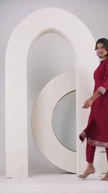 Red Chikankari Style Embroidered A-Line Kurta with Pant – Pure Cotton Set