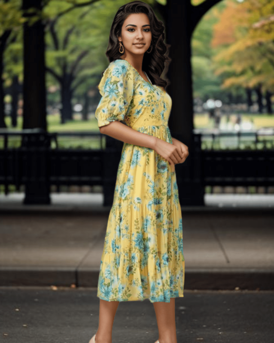 Layered Yellow Georgette Floral Midi Dress with puff sleeves and a flared silhouette, perfect for casual outings and party events, by Layas Marts