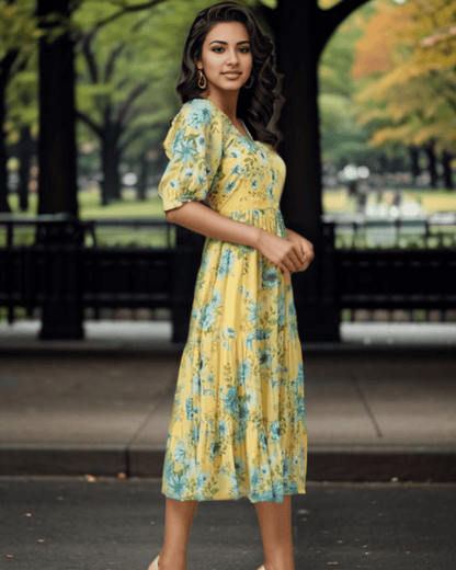 Layered Yellow Georgette Floral Midi Dress with puff sleeves and a flared silhouette, perfect for casual outings and party events, by Layas Marts