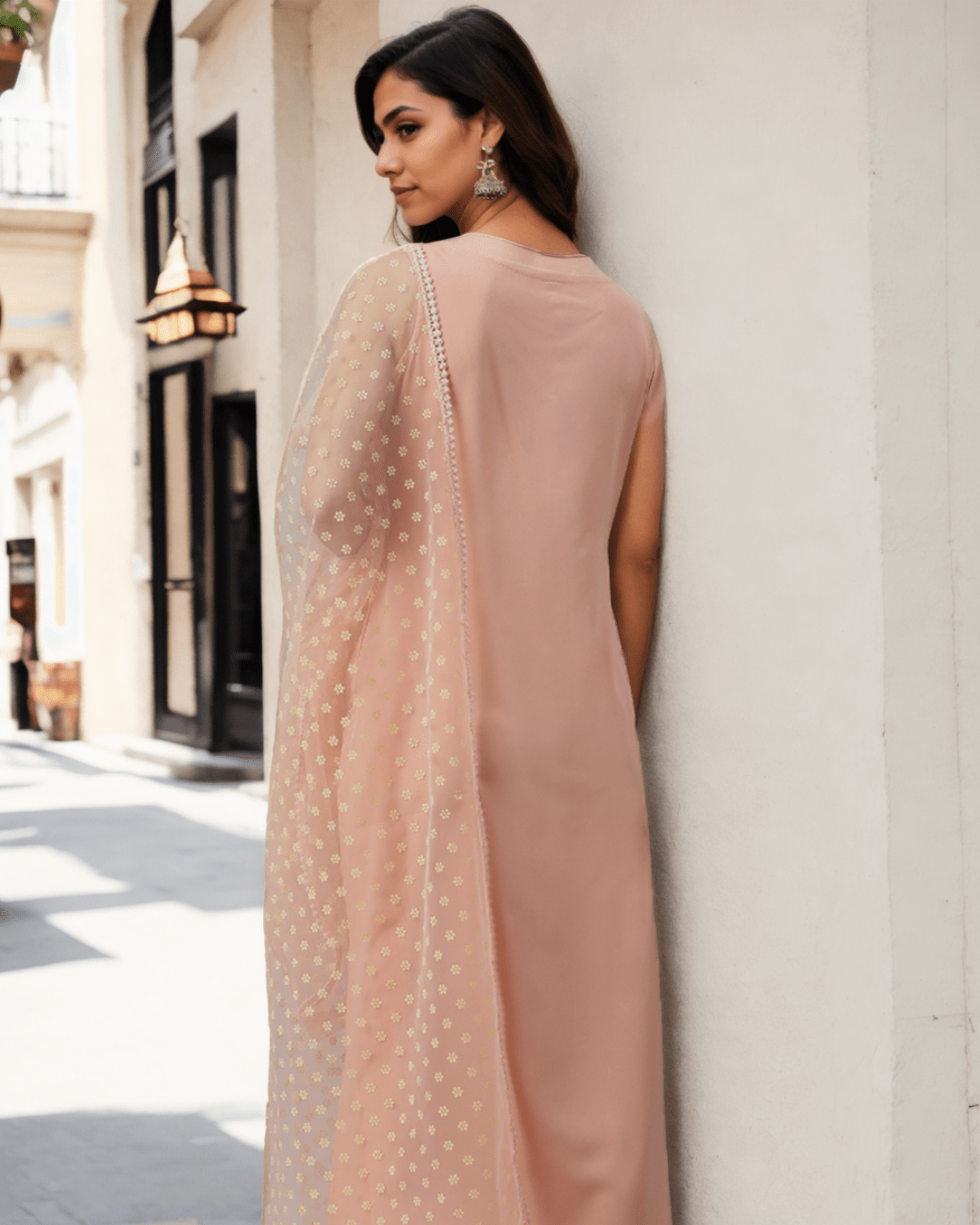 Stylish and lightweight peach-colored kurta set, ideal for casual outings and festive occasions.