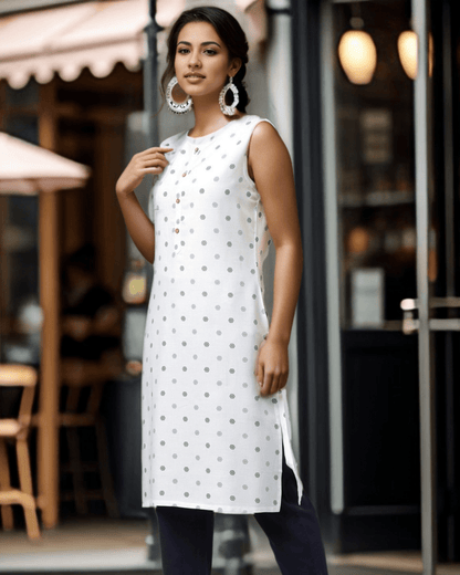 Styled White Floral Sleeveless Cotton Dress, paired with sandals for a chic summer look, available online at Layas Marts
