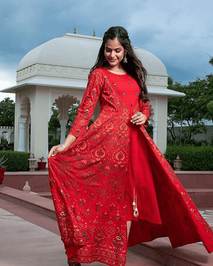 Stylish Paisley Pattern Anarkali Kurta Online, featuring a jacket, three-quarter sleeves, and a round neckline, available at Layas Marts.
