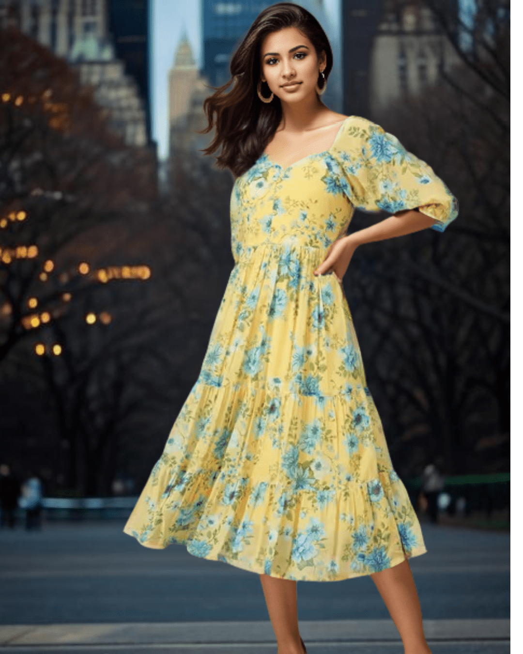 Stylish Yellow Floral Georgette Midi Dress for women with sweetheart neckline and flared design, ideal for casual and party wear, available at Layas Marts