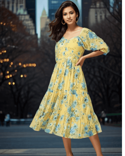 Stylish Yellow Floral Georgette Midi Dress for women with sweetheart neckline and flared design, ideal for casual and party wear, available at Layas Marts