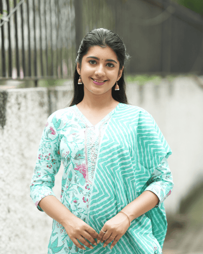 Teal Floral Cotton Kurta Set with Dupatta, featuring sequin embroidery and soft cotton fabric, ideal for festive and casual wear at Layas Marts