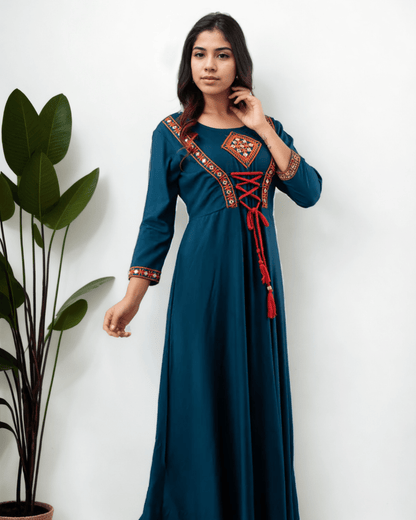 Traditional handcrafted Jaipur Anarkali kurta in teal blue, a must-have festive outfit for Indian women, available online