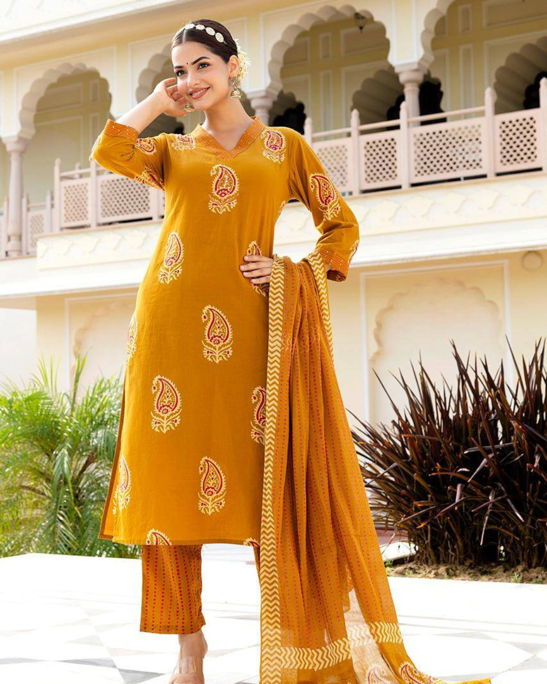 Timeless ethnic wear kurta set with intricate embroidery, comfortable fit, and handblock design.