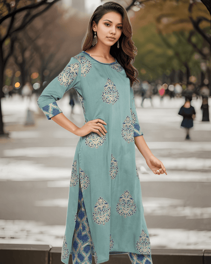 Turquoise Green Foil Print Kurta Pant Set with elegant detailing and soft rayon fabric, available at Layas Marts
