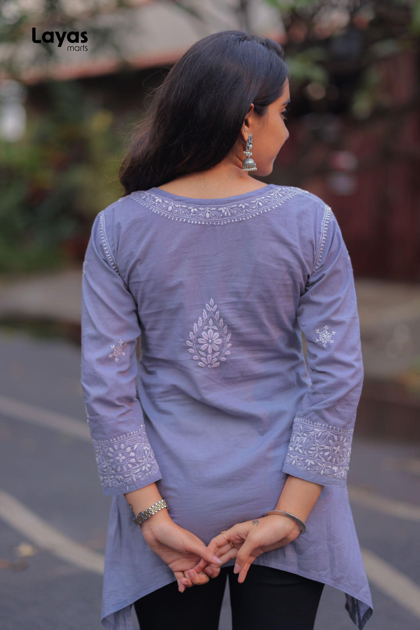 Grey cotton Chikankari top with white hand embroidery for women from Layas Marts