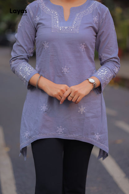 White Chikankari hand embroidery detail on grey cotton top from Layas Marts