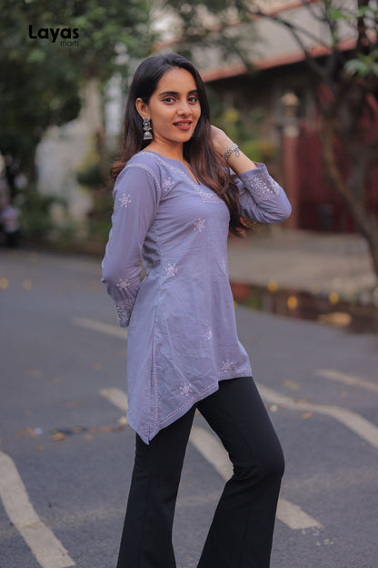 Grey Chikankari cotton top styled with palazzo pants from layas marts

