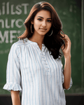 Women's White Cotton Striped Regular Fit Top with gathered front and mandarin collar from Layas Marts.