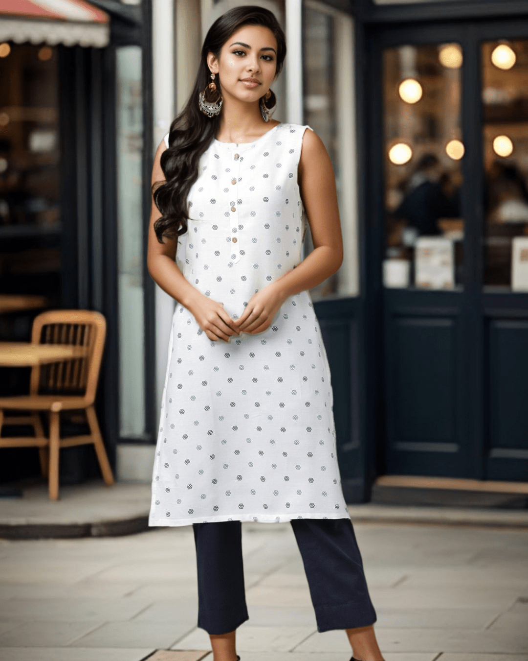 White Floral Sleeveless Cotton Dress with A-Line silhouette, perfect for casual outings, available at Layas Marts.