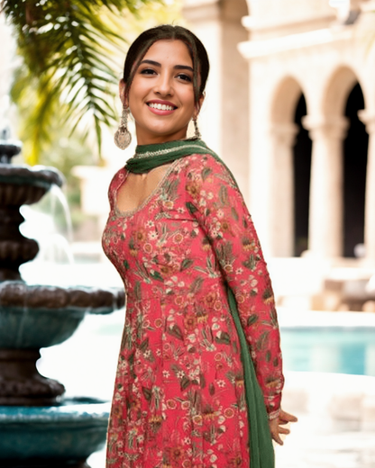 Soft and lightweight georgette kurta with vibrant palazzo and green chiffon dupatta