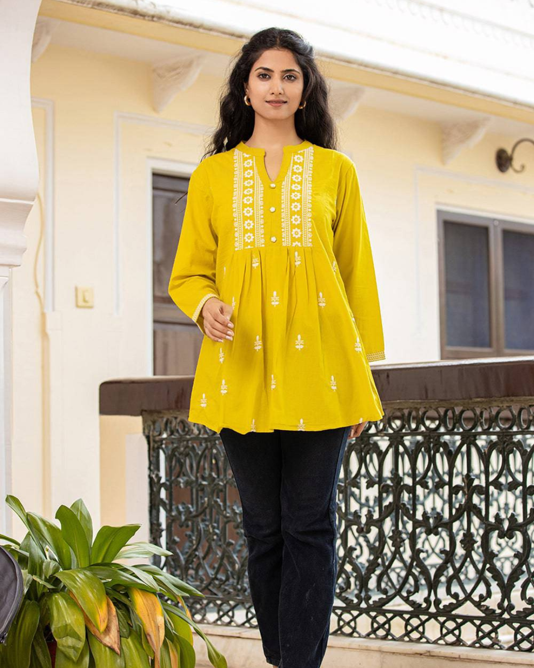 Yellow Chikankari Cotton Short Kurti with sleek collar neck and button detailing from Layas Marts, perfect for casual and festive occasions