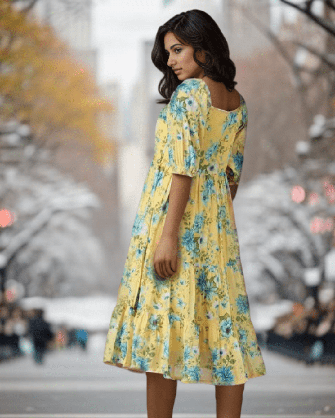 Elegant back design of the Yellow Floral Midi Dress made of lightweight georgette fabric, ideal for summer and daytime gatherings, from Layas Marts.