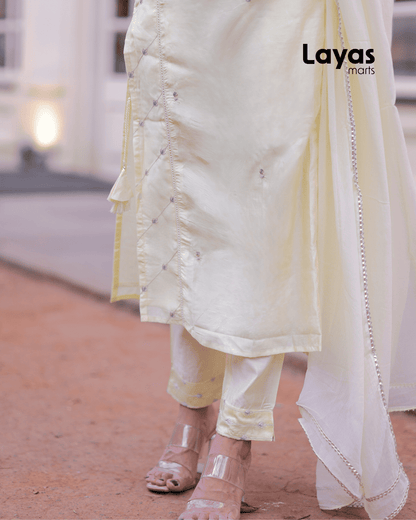 Back design of yellow silk kurta with keyhole neck and straight hemline – Layas Marts